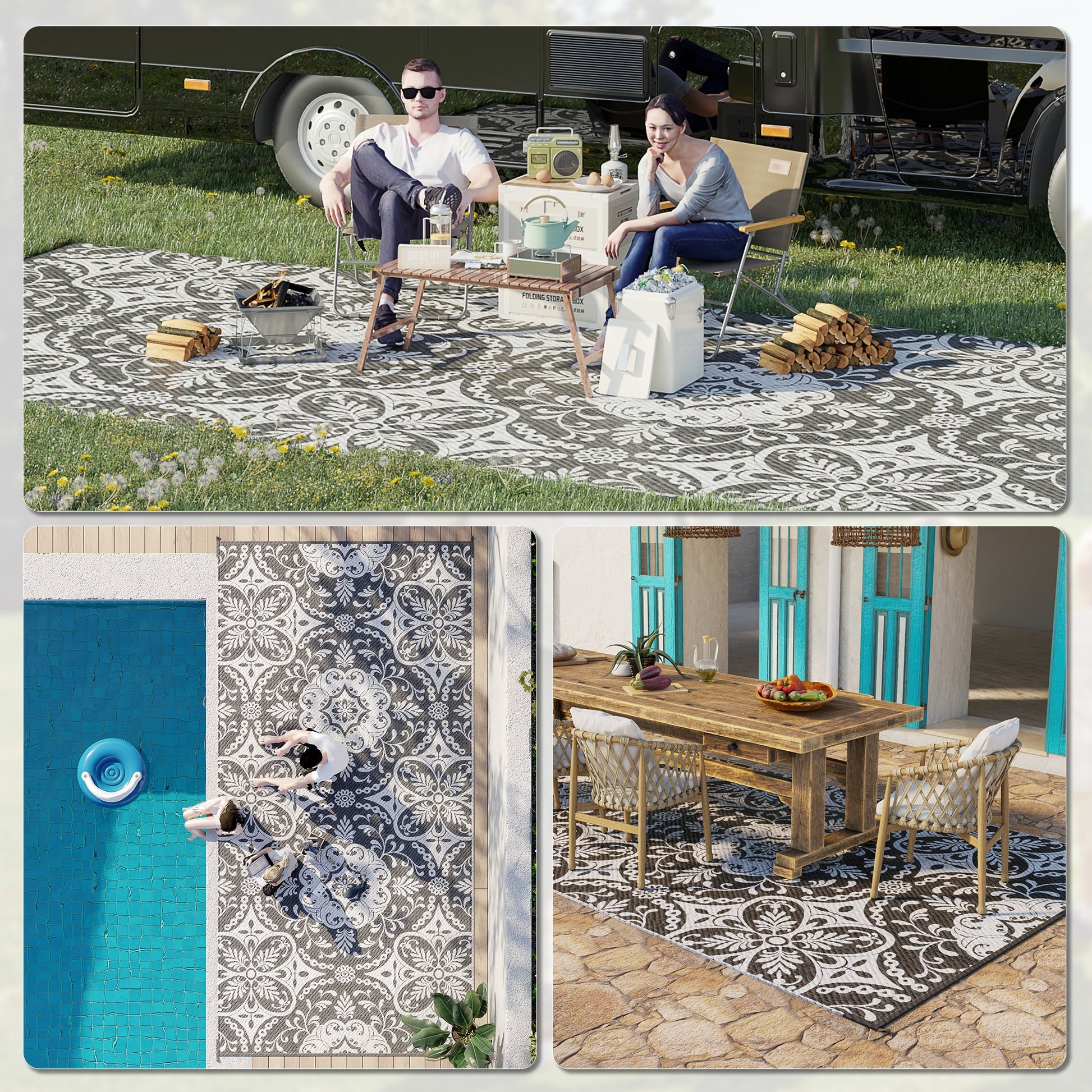 Portable Outdoor Rug with Carry Bag, 9' x 18' Reversible Mat, Waterproof Plastic Straw RV Rug for Backyard, Deck, Picnic, Beach, Camping, Gray & White Flower