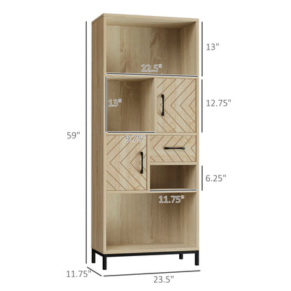 59" Bookcase, Storage Bookshelf with Cabinets, Drawer and Open Compartments, Freestanding Display Shelves for Home Office, Living Room, Study, Nature Wood