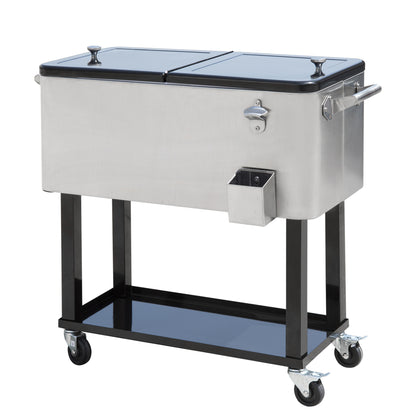 80 Quart Rolling Cooler Cart Ice Beer Beverage Cooling Bin for Outdoor Party, 35.4" x 15.4" x 32.7", Silver