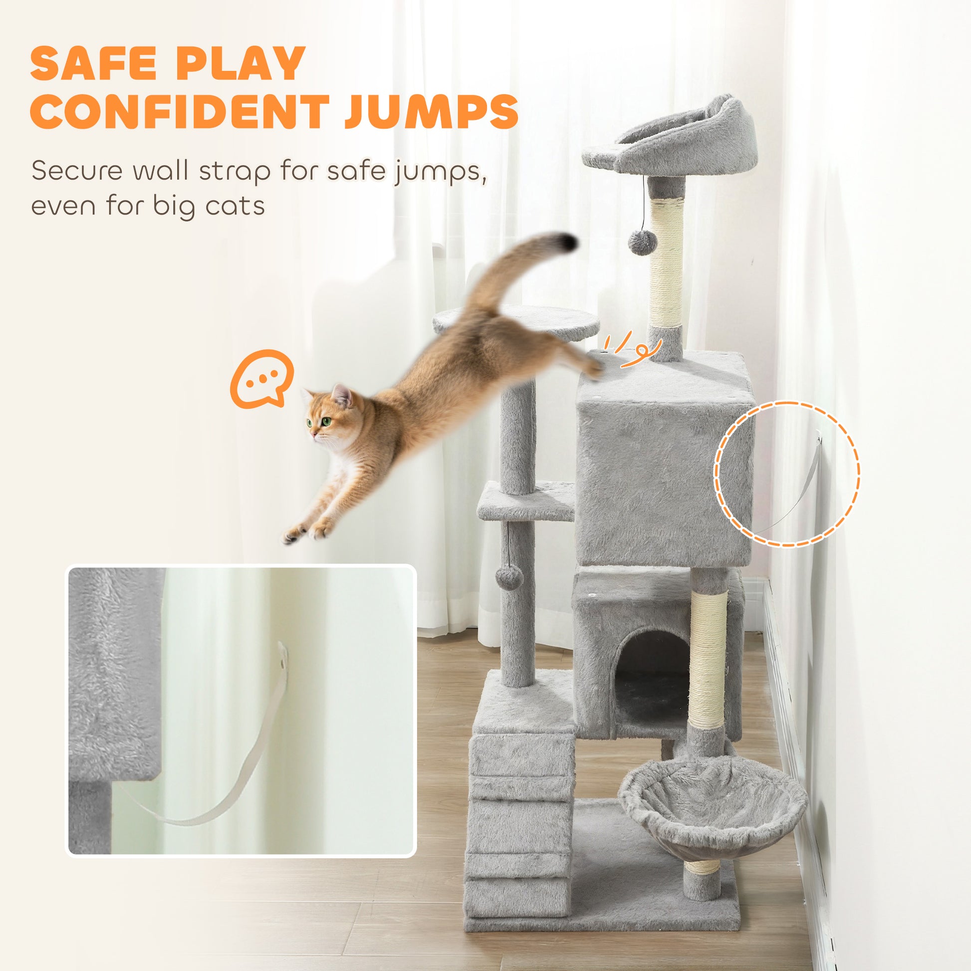 63 Inch Cat Tree with Sisal Scratching Posts, Condos, Plush Perches, Hammock, Ladder, Dangling Balls, Light Grey