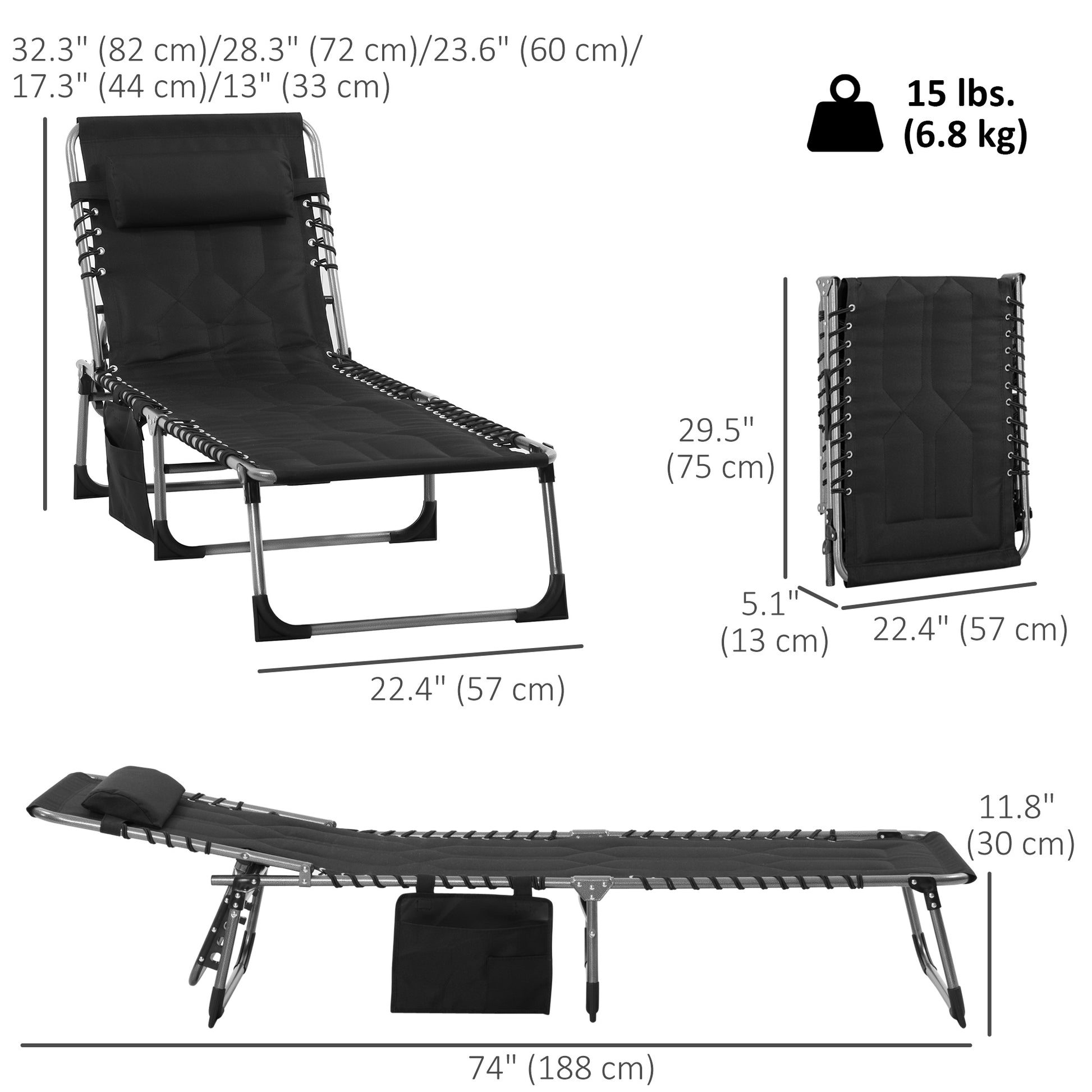 Folding Chaise Lounge Chair, Outdoor Padded Reclining Chair with 5-position Adjustable Backrest, Pillow and Pocket for Patio, Deck, Beach, Lawn and Sunbathing, Black