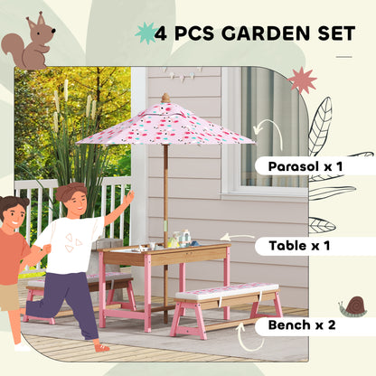 Qaba Kids Picnic Table and Bench Set with Removable Umbrella, Cushions & Boxes, Flamingo Theme for Outdoor, Pink