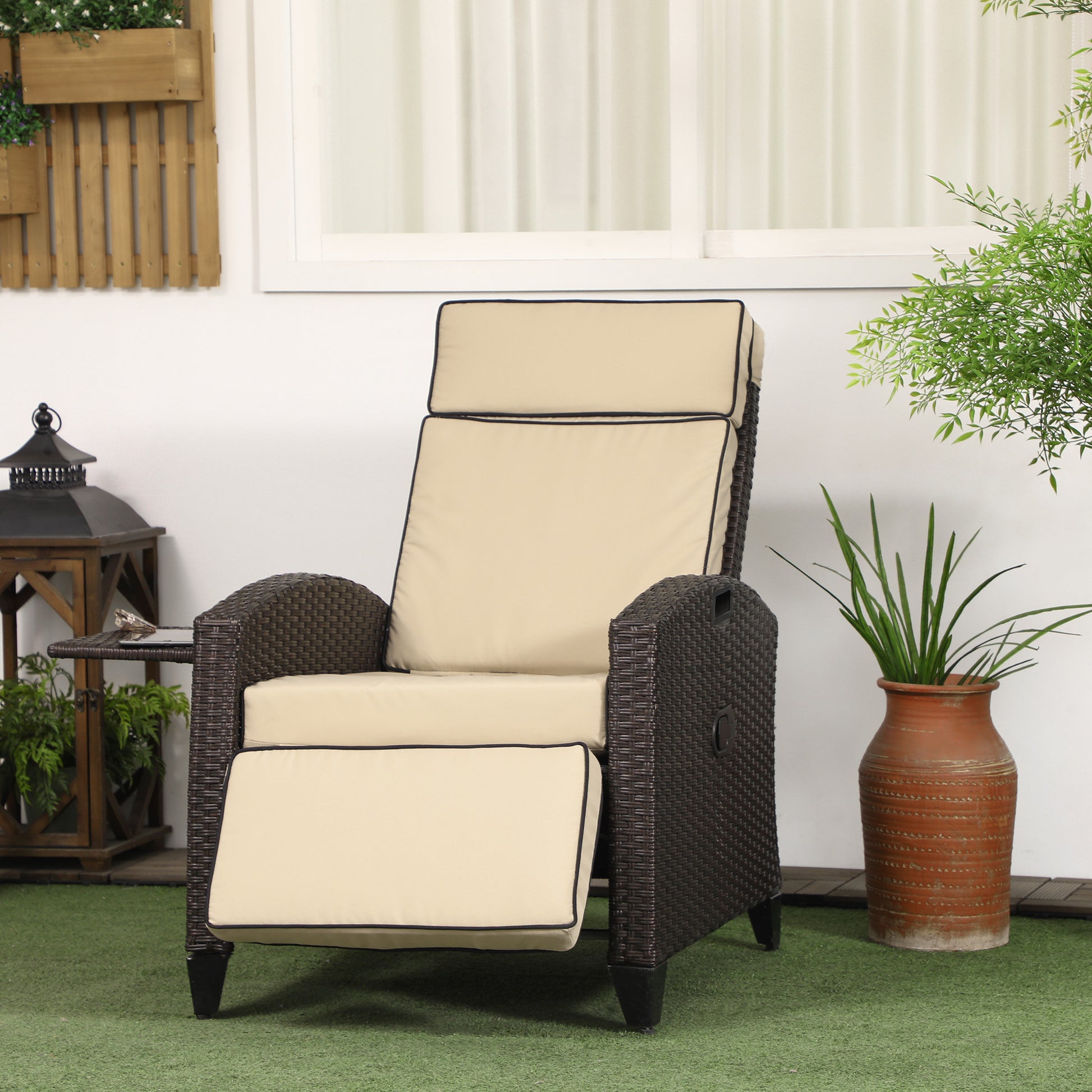 Outdoor Recliner Chair with Adjustable Backrest and Footrest, Washable Cushion, Side Tray, Up to 352 lbs, Khaki