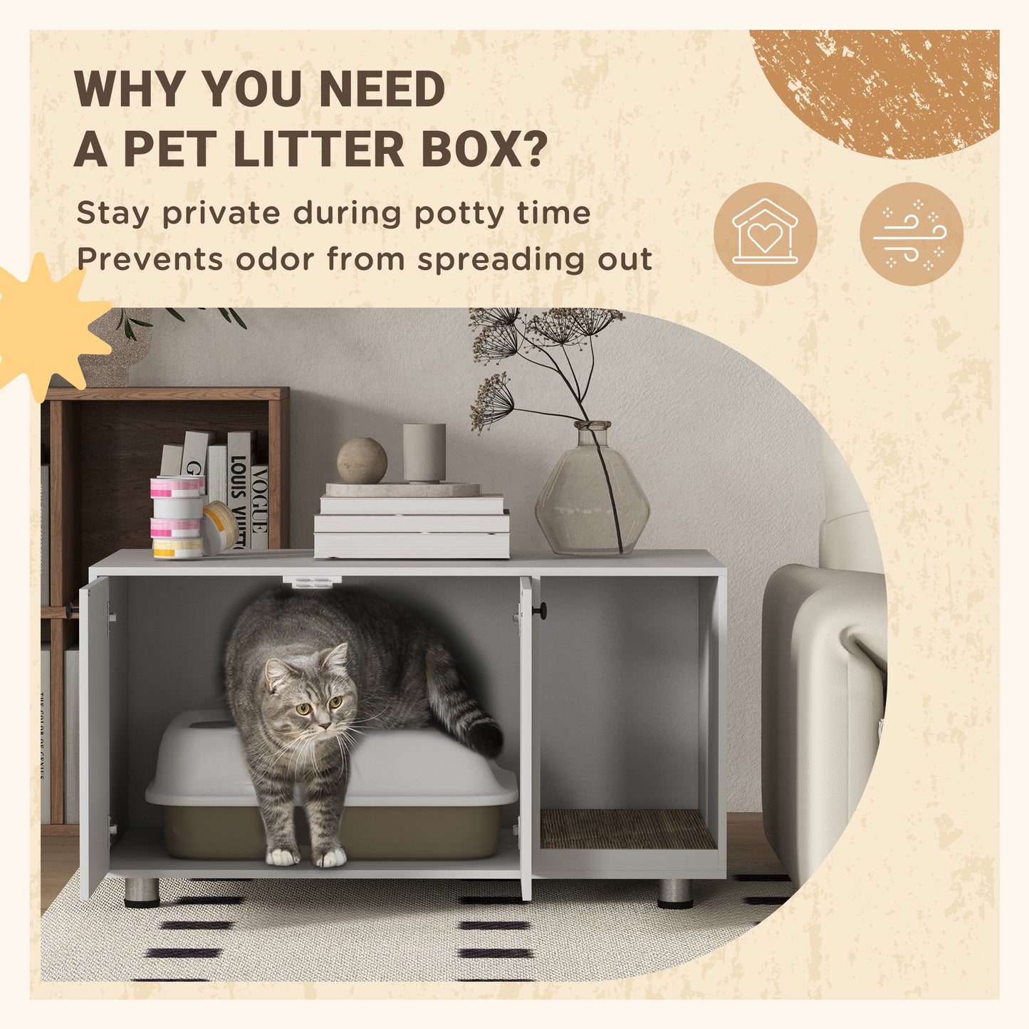 Litter Box Furniture Hidden Cat Washroom Furniture with Double Doors and Scratching Pad, White