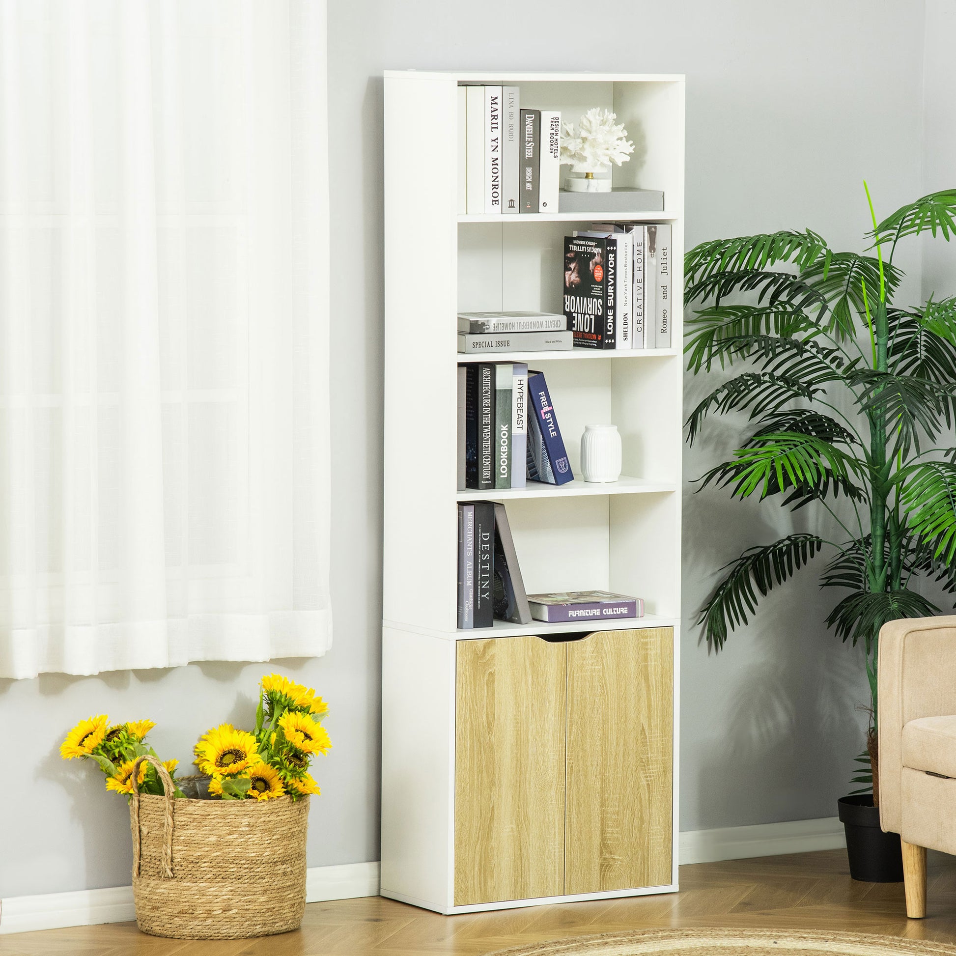 4-Tier Open Bookshelf with Doors Modern Home Office Bookcase Storage Cabinet for Living Room Bathroom Study, Oak