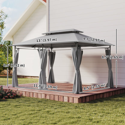 10' x 13' Double Roof Patio Gazebo, Outdoor Gazebo with Curtains, for Garden, Lawn, Backyard and Deck, Dark Grey