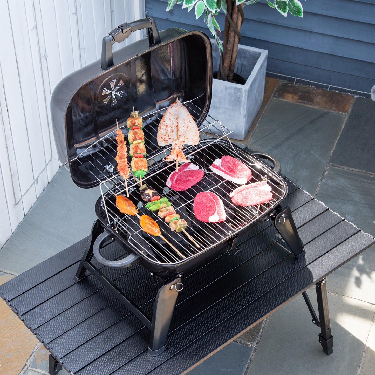 Portable Tabletop Steel Charcoal Grill Foldable Outdoor BBQ Camping Picnic Cooker, 59 x 43 x 39 cm, Black
