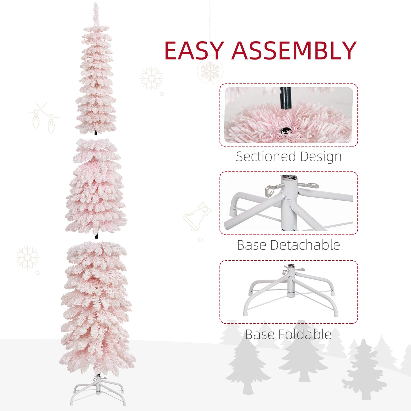 6ft Snow-Flocked Artificial Christmas Tree, Slim Pencil Xmas Tree with 395 Realistic Branches, Metal Base, Pink