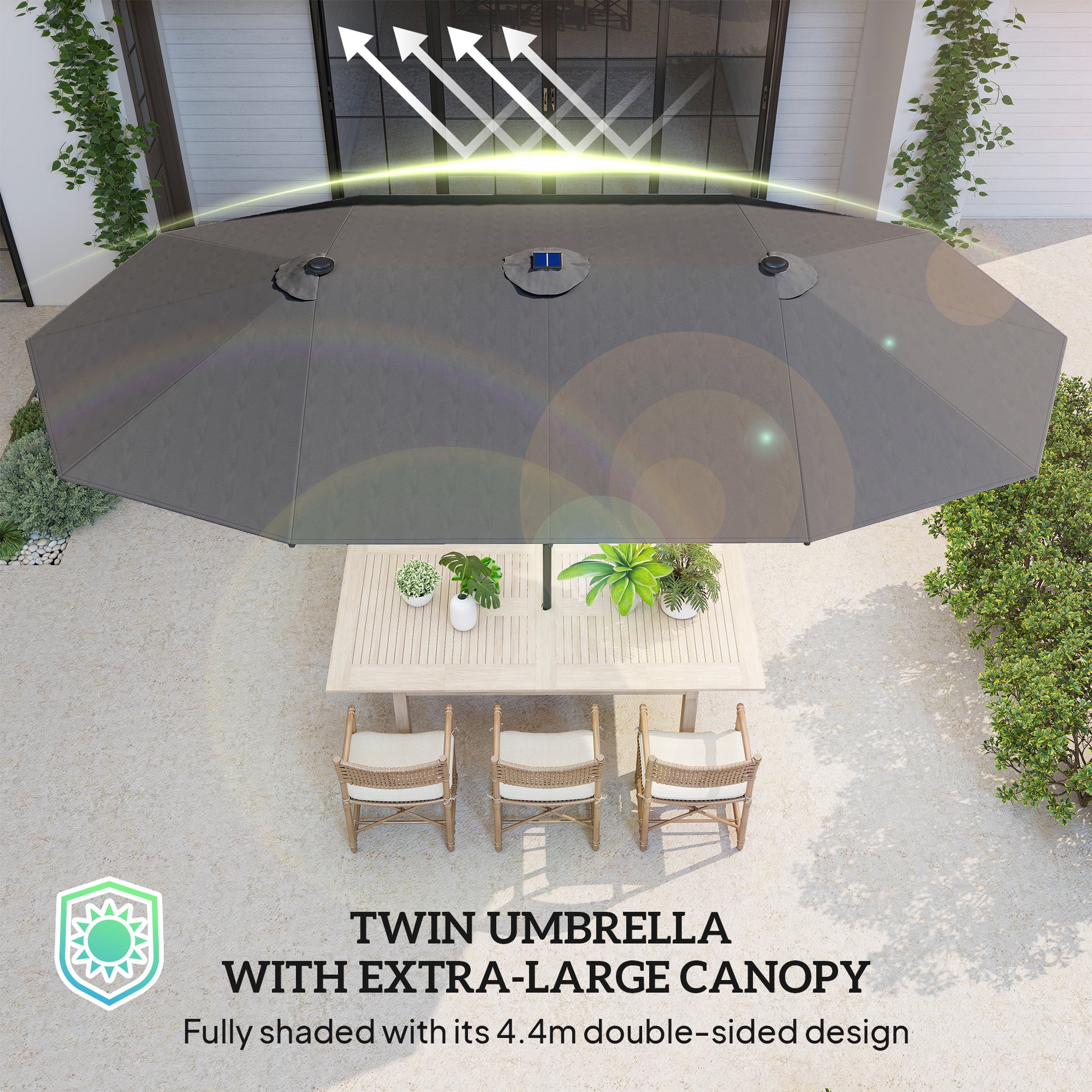 173" Double-Sided Sun Umbrella Garden Parasol Patio Sun Shade Outdoor with LED Solar Light, No Base Included, Dark Gre