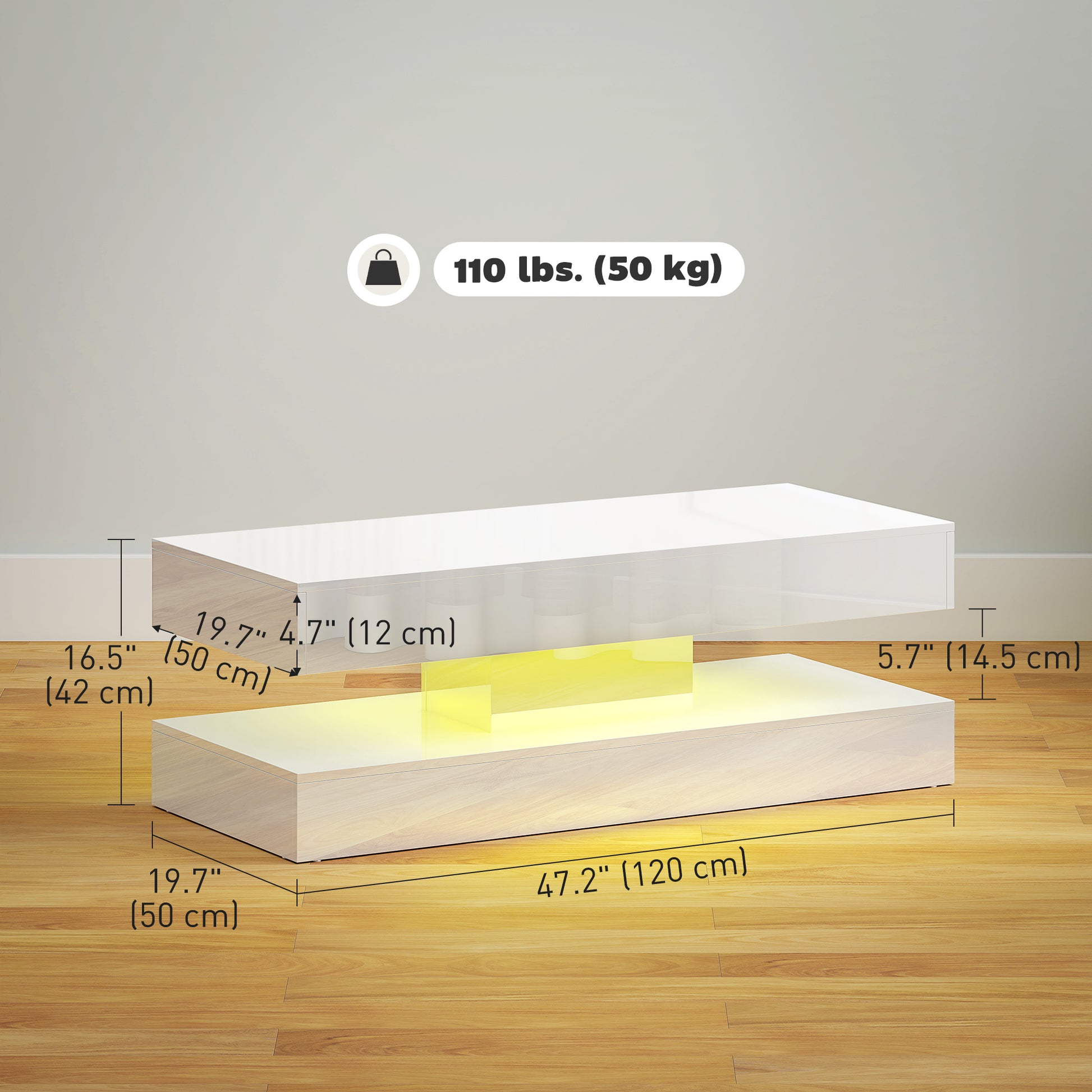 Coffee Table with Adjustable LED Lights, Modern Living Room Table with 2 Drawers, Open Shelf, Remote, High Gloss White