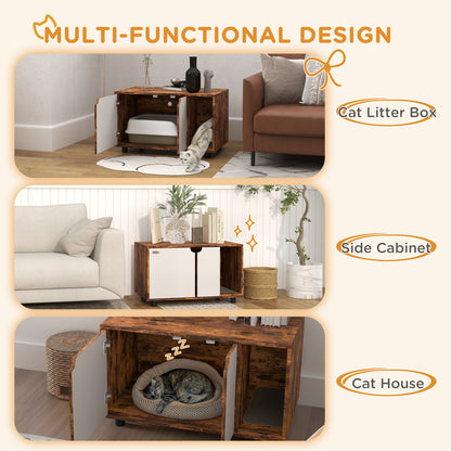 Hidden Cat Litter Box Enclosure with Double Doors and Sand Drain Pad, Rustic Brown