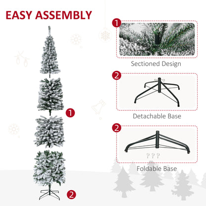 9ft Flocked Christmas Tree, Pencil Christmas Tree with Realistic Branch Tips, Folding Metal Stand, Green