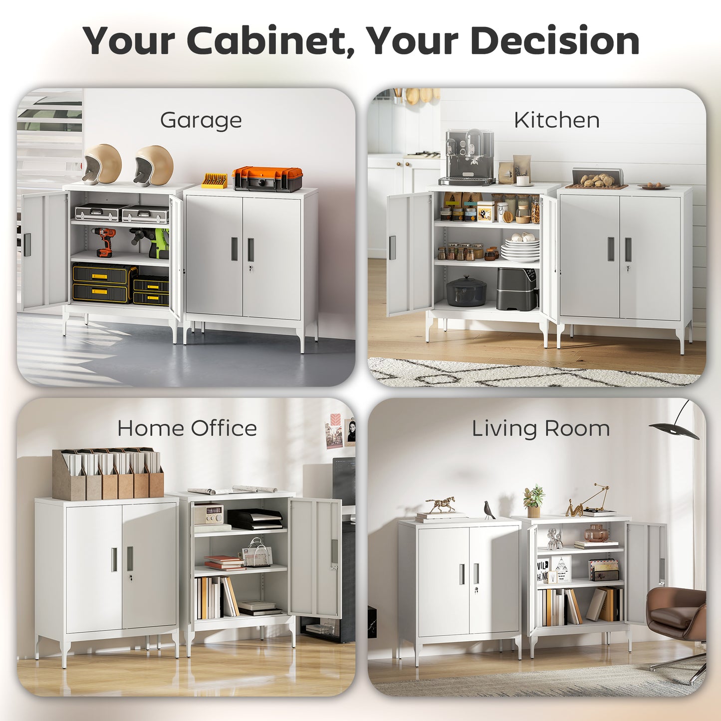 Office Storage Cabinet with Lock, Filing Cabinet with Adjustable Shelves and Doors for Home Office, Garage, White