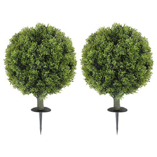 Artificial Boxwood Topiary Trees Set of 2 with Ground Stake, UV Resistant Fake Plants for Indoor Outdoor, Green