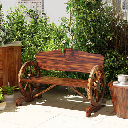 Wooden Outdoor Bench, Garden Patio Loveseat with Wagon Wheel Armrests, 528LBS Capacity, Carbonized