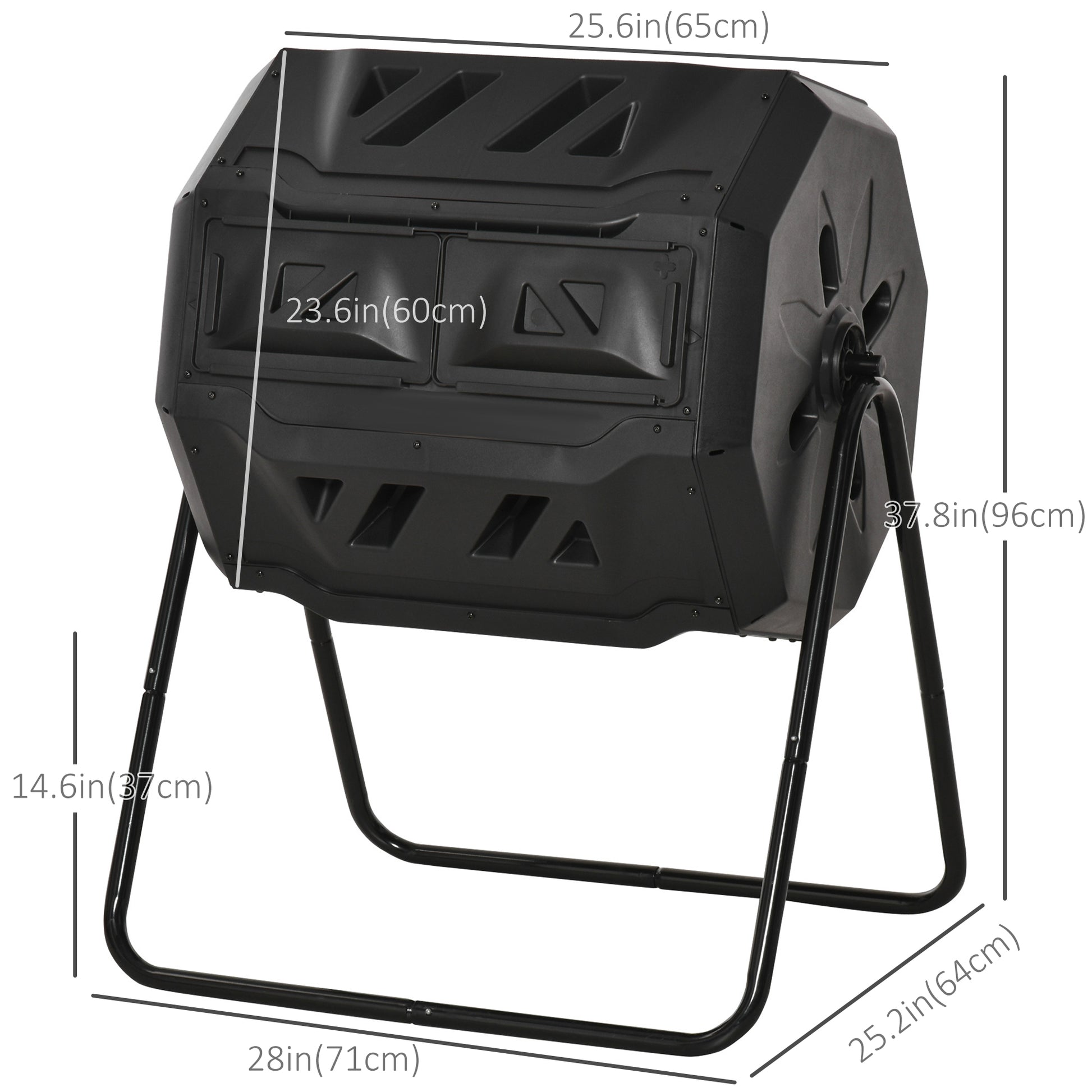 43 Gallon (160L) Tumbling Compost Bin Outdoor Dual Chamber 360° Rotating Composter with Sliding Doors, Solid Steel Frame and Gloves, Black