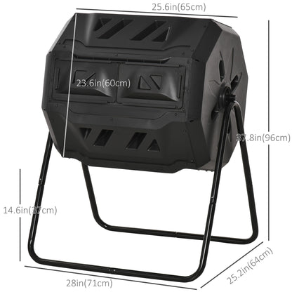 43 Gallon (160L) Tumbling Compost Bin Outdoor Dual Chamber 360° Rotating Composter with Sliding Doors, Solid Steel Frame and Gloves, Black