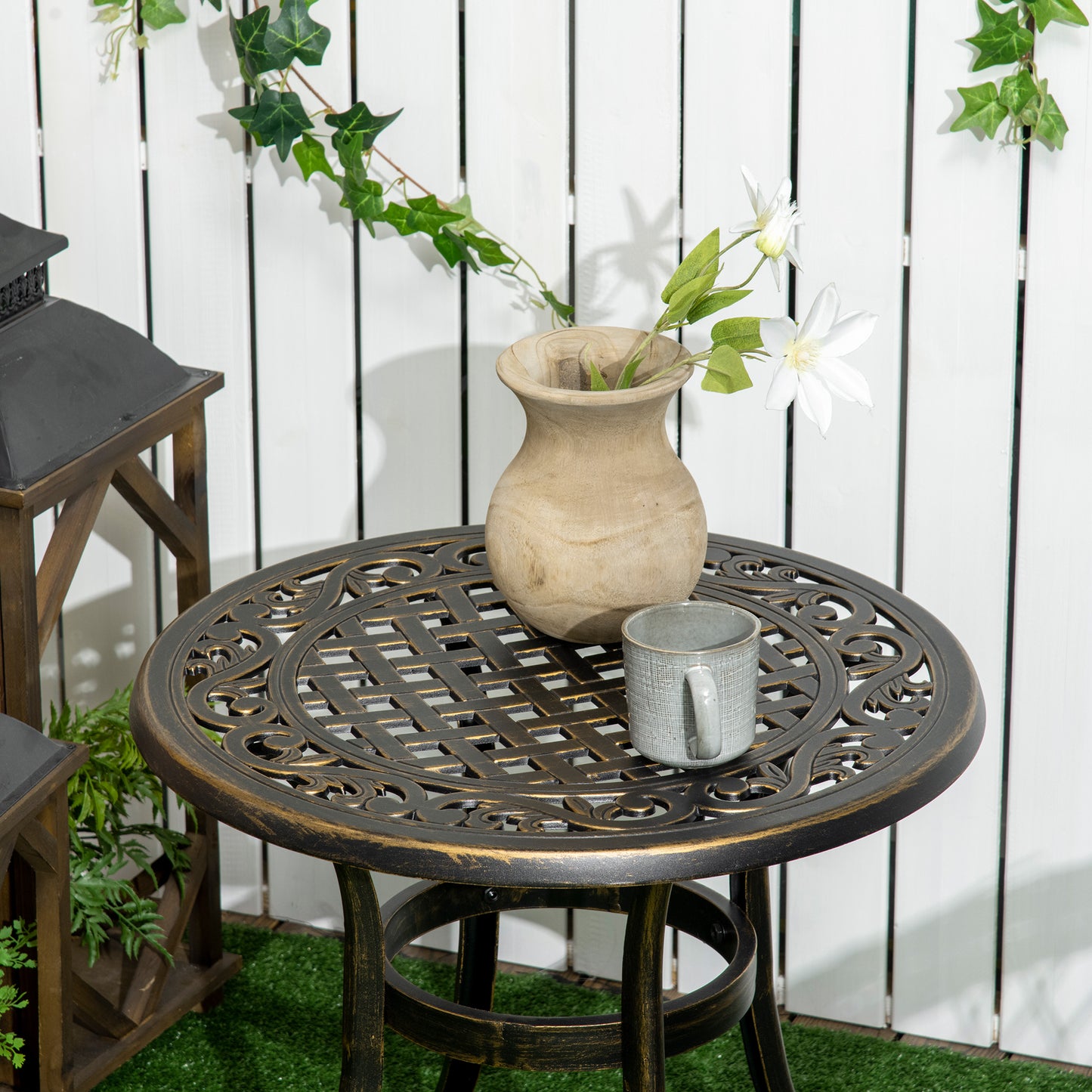 Ф23.6" Round Outdoor Side Table, Cast Aluminum Frame Patio Coffee Side Desk for Patio, Garden, Balcony, Bronze