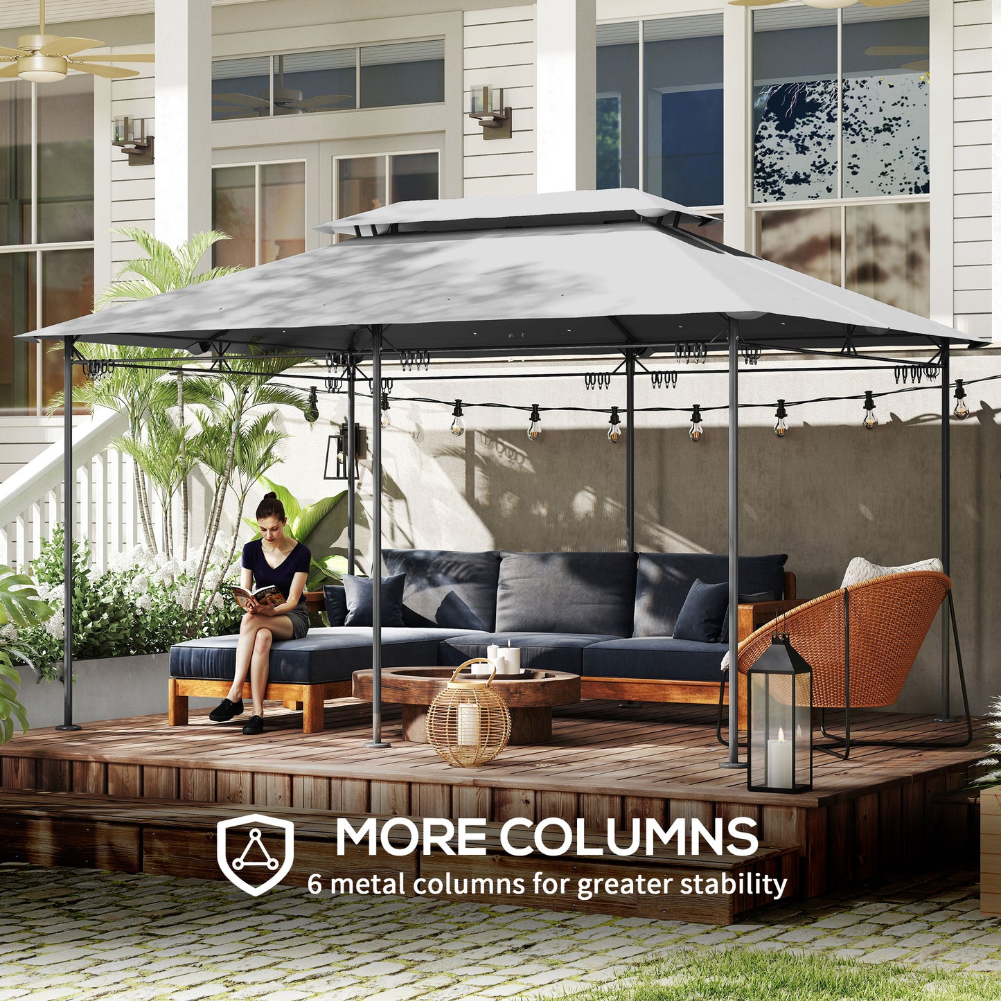10' x 13' Double Roof Patio Gazebo, Outdoor Gazebo with Curtains, for Garden, Lawn, Backyard and Deck, Dark Grey