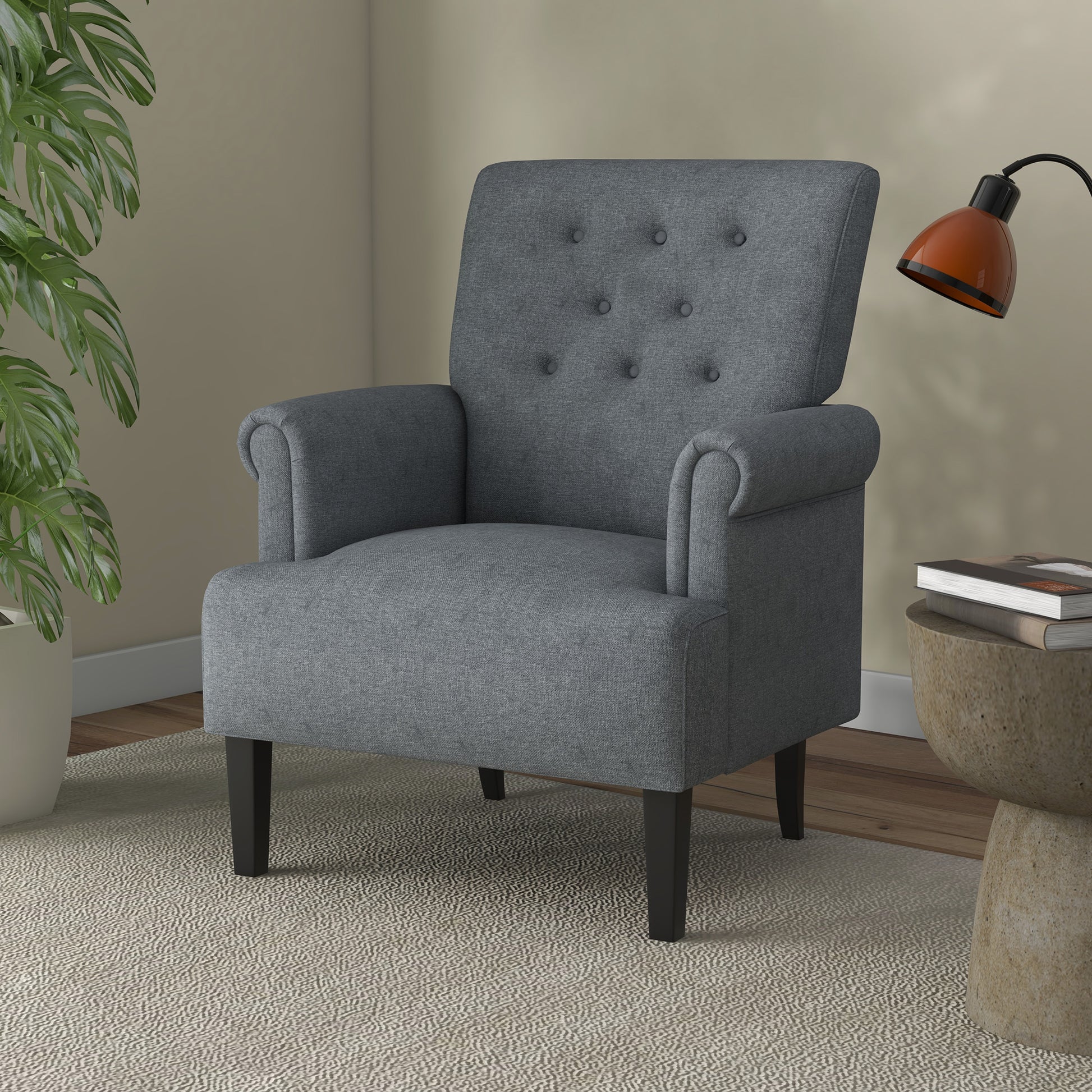 Armchair, Fabric Accent Chair, Modern Living Room Chair with Wood Legs and Rolled Arms for Bedroom, Grey