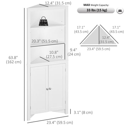 Tall Bathroom Storage Cabinet, Corner Cabinet with Doors, Linen Cabinet with Doors and 3-Tier Shelves, White