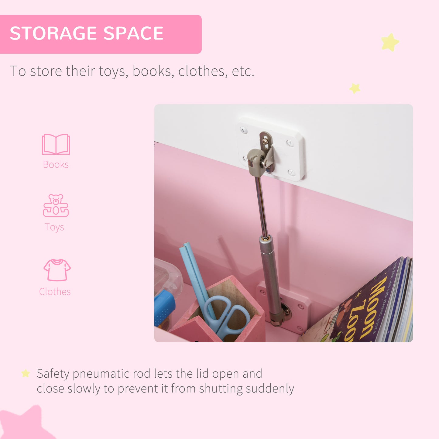 Qaba 2-in-1 Kids Toy Box Storage Organizer Chest Cabinet Chunk Cube with Safety Pneumatic Rod, Pink