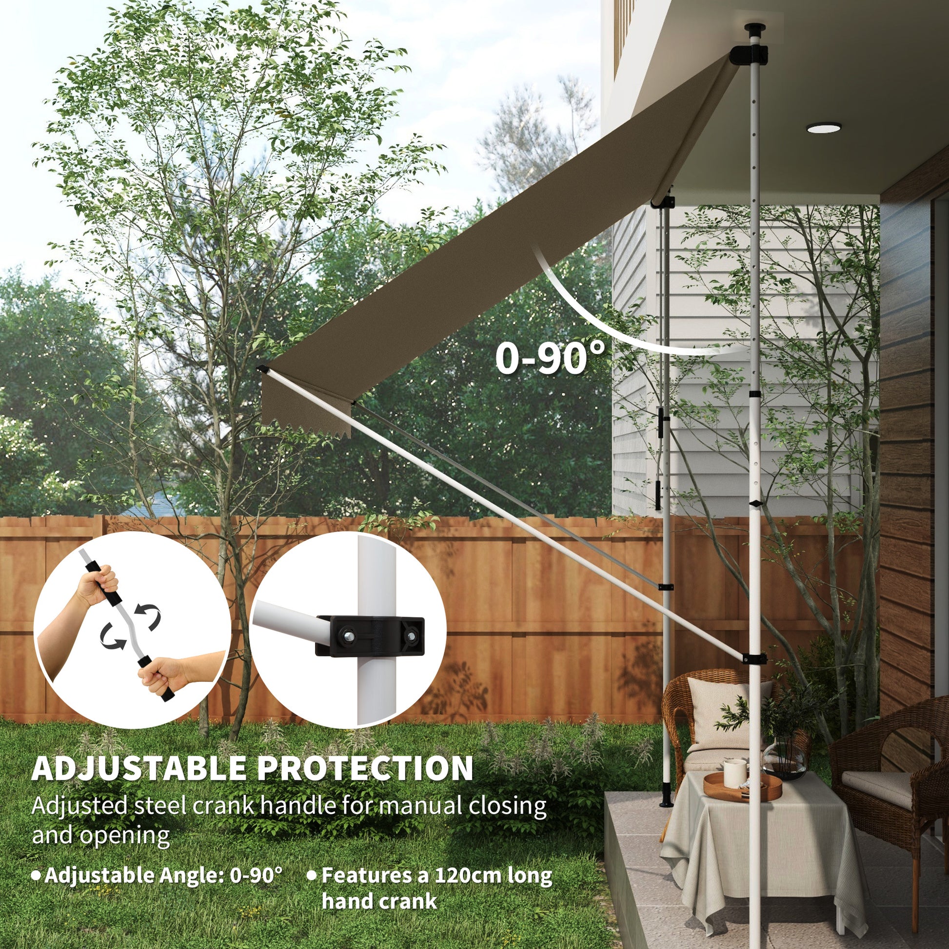 10x5ft Manual Retractable Awning, Patio Sun Shade Canopy Shelter with 5.6-9.2ft Support Pole, Water Resistant UV Protector, for Window, Door, Porch, Deck, Beige
