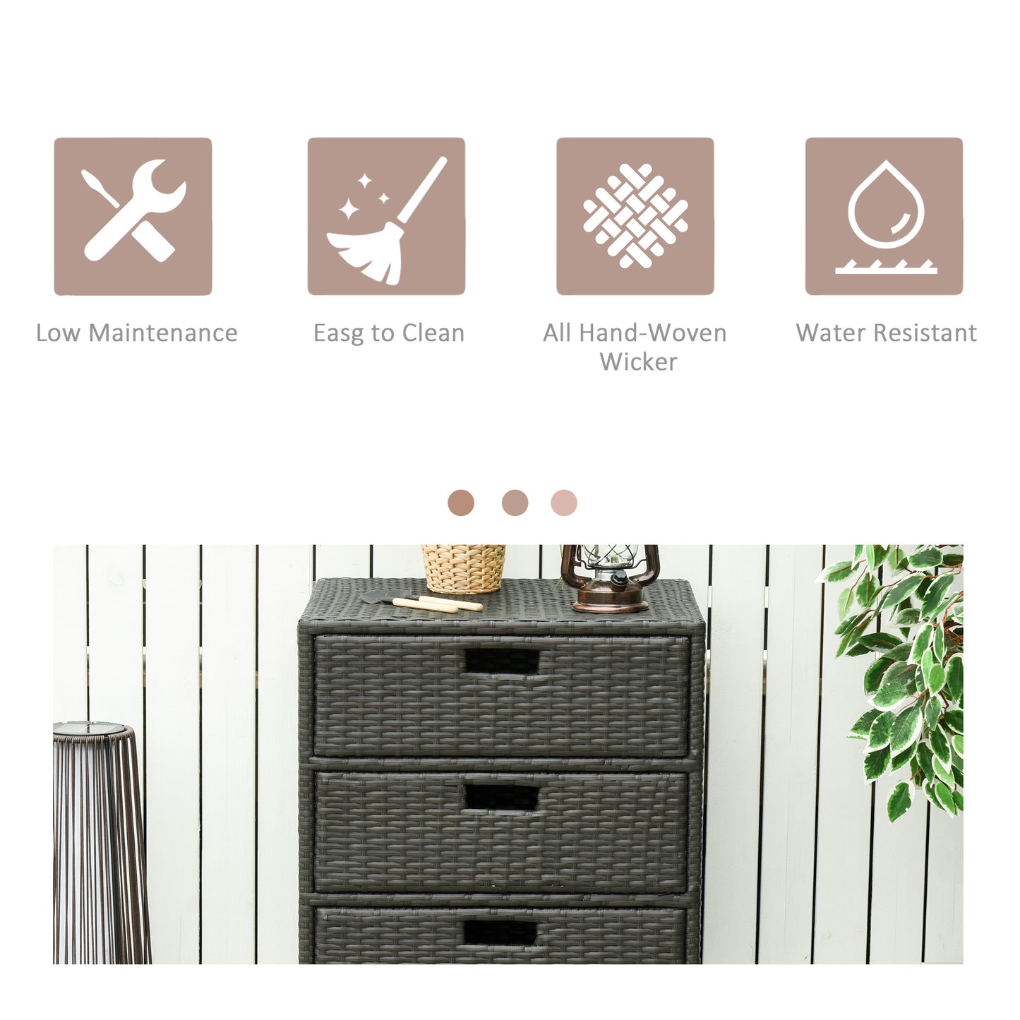 32" Poolside Rattan Wicker Patio Organizer Storage Cabinet Bathroom Storage w/ 3 Large Drawers Garden Outdoor
