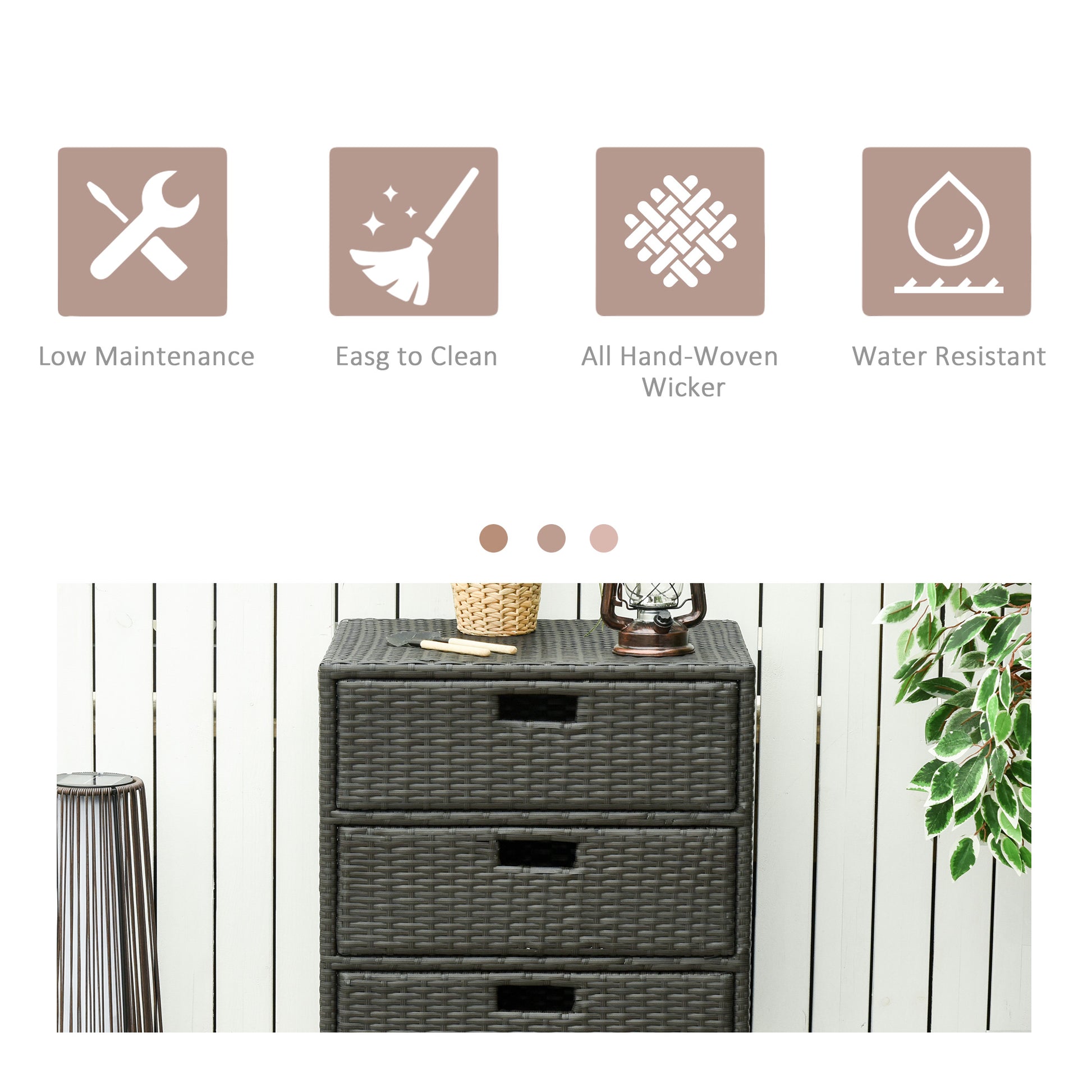 32" Poolside Rattan Wicker Patio Organizer Storage Cabinet Bathroom Storage w/ 3 Large Drawers Garden Outdoor