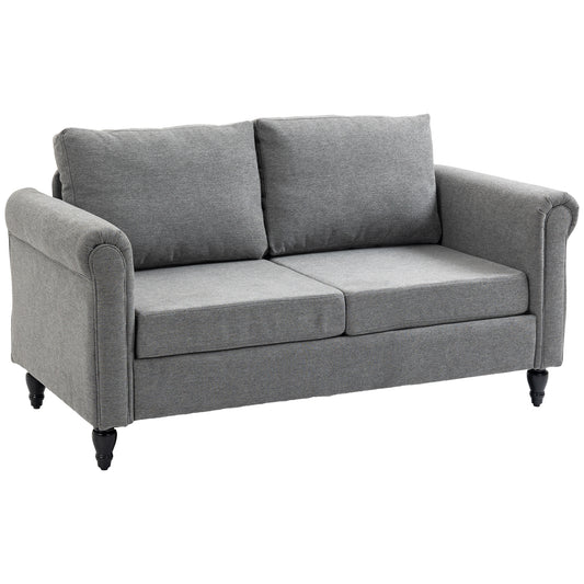 Vintage Loveseat, Upholstered Love Seat Furniture, Chenille-feel Fabric 2 Seater Sofa Couch with Rolled Arms, Gourd-Shaped Rubber Wood Legs for Living Room, Light Grey