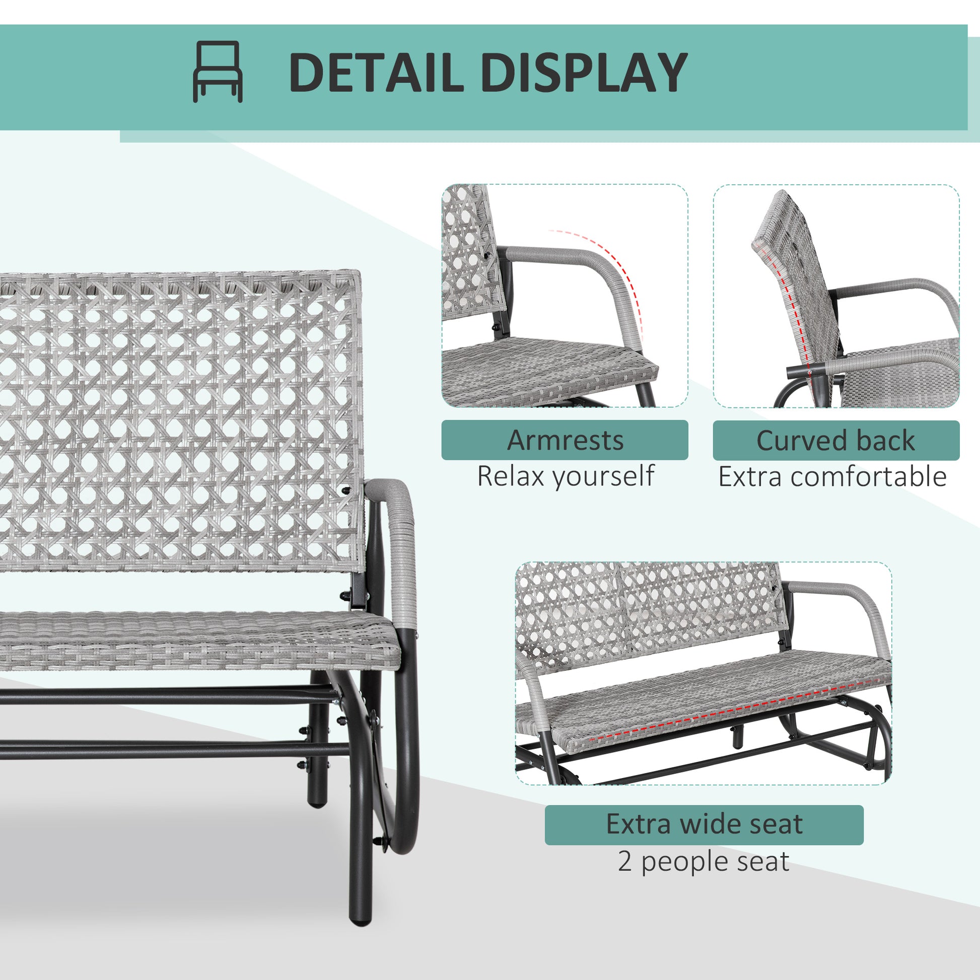 2 Seater Wicker Outdoor Glider Bench, Patio Swing Garden Bench, Garden Loveseat Rocking Chair, w/ Extra Wide Seat, Curved Backrest for Backyard, Poolside, Lawn, Mixed Grey