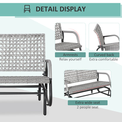 2 Seater Wicker Outdoor Glider Bench, Patio Swing Garden Bench, Garden Loveseat Rocking Chair, w/ Extra Wide Seat, Curved Backrest for Backyard, Poolside, Lawn, Mixed Grey