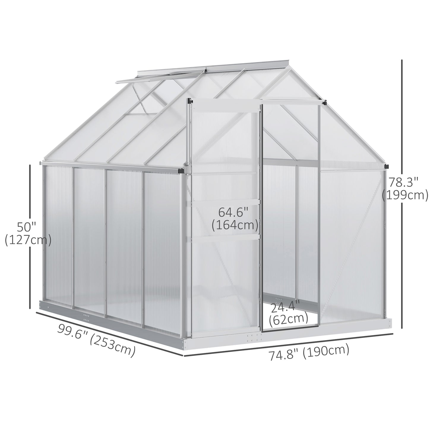 6' x 8' x 6.5' Walk-in Greenhouse, Polycarbonate Greenhouse with Adjustable Roof Vent, Base, Sliding Door, Clear