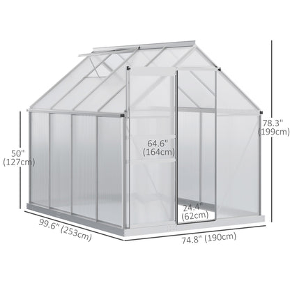 6' x 8' x 6.5' Walk-in Greenhouse, Polycarbonate Greenhouse with Adjustable Roof Vent, Base, Sliding Door, Clear
