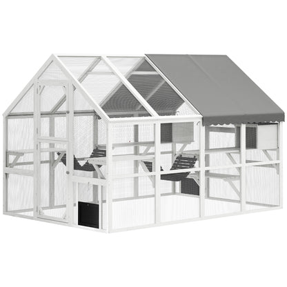 Outdoor Cat Enclosure Wooden Feral Cat House w/ Weatherproof Canopy, Bridges, Resting Boxes, Platforms, for 3-6 Cats