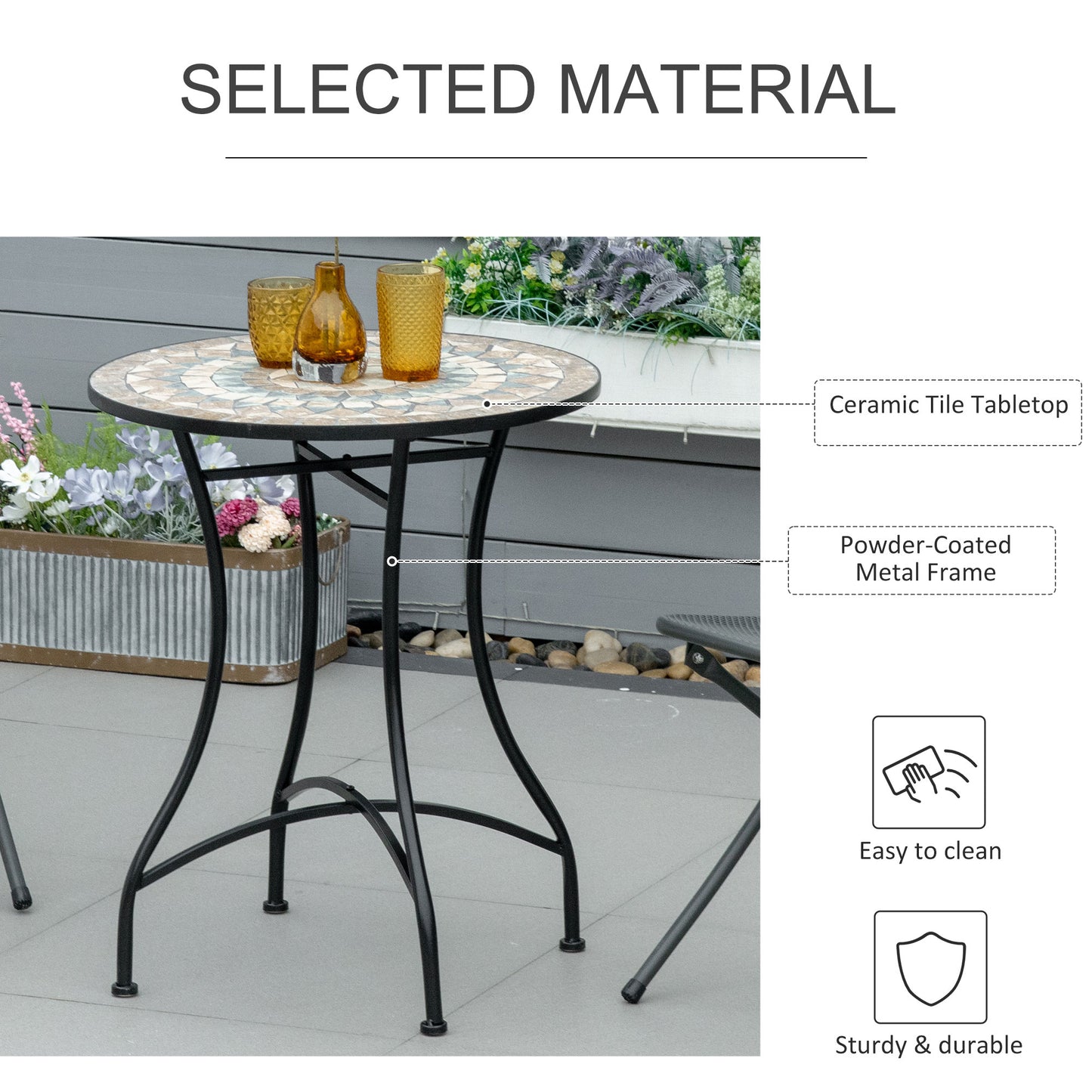 Mosaic Patio Table, Round Coffee Table with Metal Frame, Garden Furniture for Outdoor, Poolside, Green