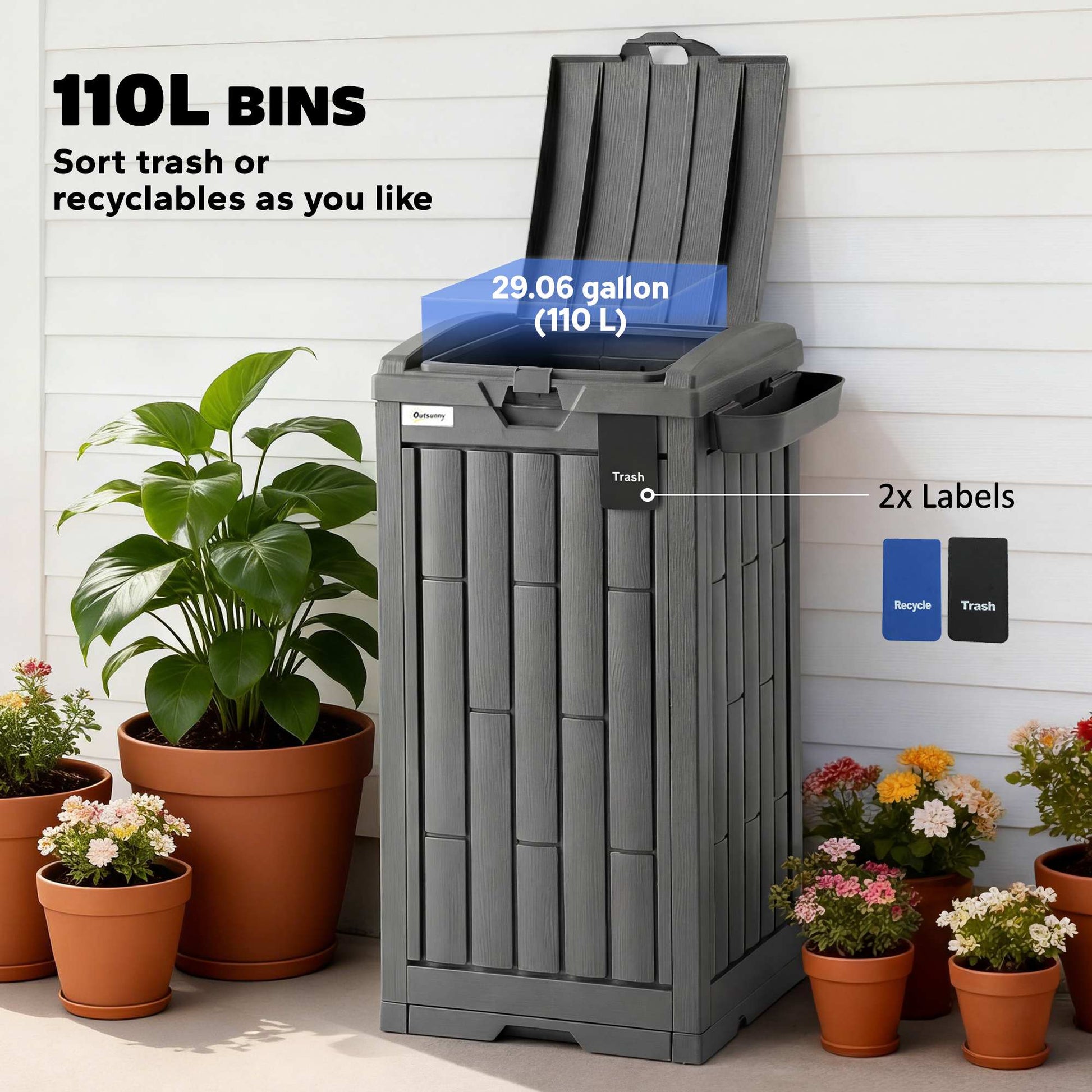 29 Gallon Outdoor Garbage Bin with Dual Lid, Plastic Outdoor Waste Trash Can with Side Holder and Drip Tray, Grey