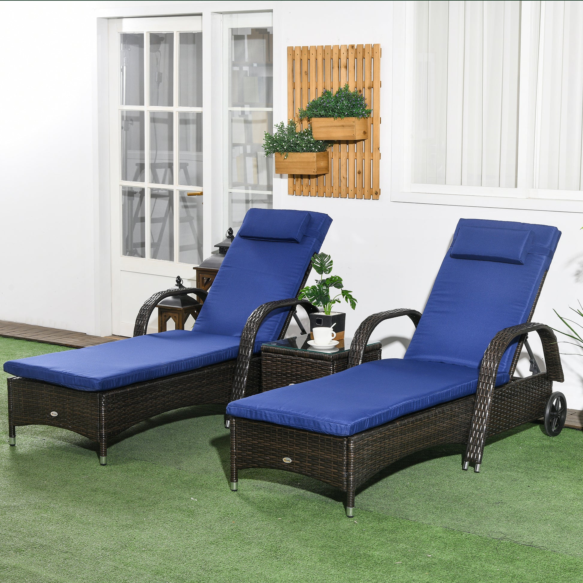 Patio Rattan Lounge Set, Wheeled Wicker Chaise Lounge Chair and Table with Tempered Glass Top, Dark Blue