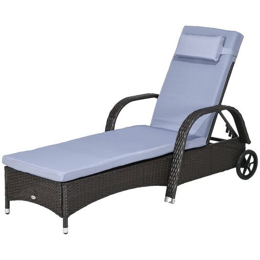 Outdoor Lounger, Deck Lounge Chair with Headrest, 5-Level Adjustable, Backrest, Wheels, Deep Coffee and Silver Grey