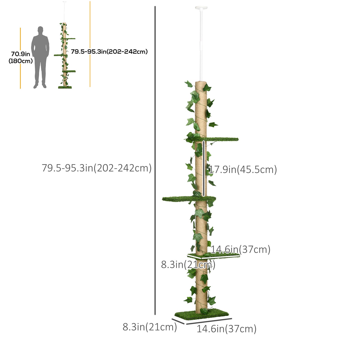 4-Tier Floor to Ceiling Cat Tree, Height(80-95Inches)Adjustable, Tall Cat Tower w/ Anti-Slip Kit, Leaves, Multi-Layer Activity Centre w/ Scratching Post