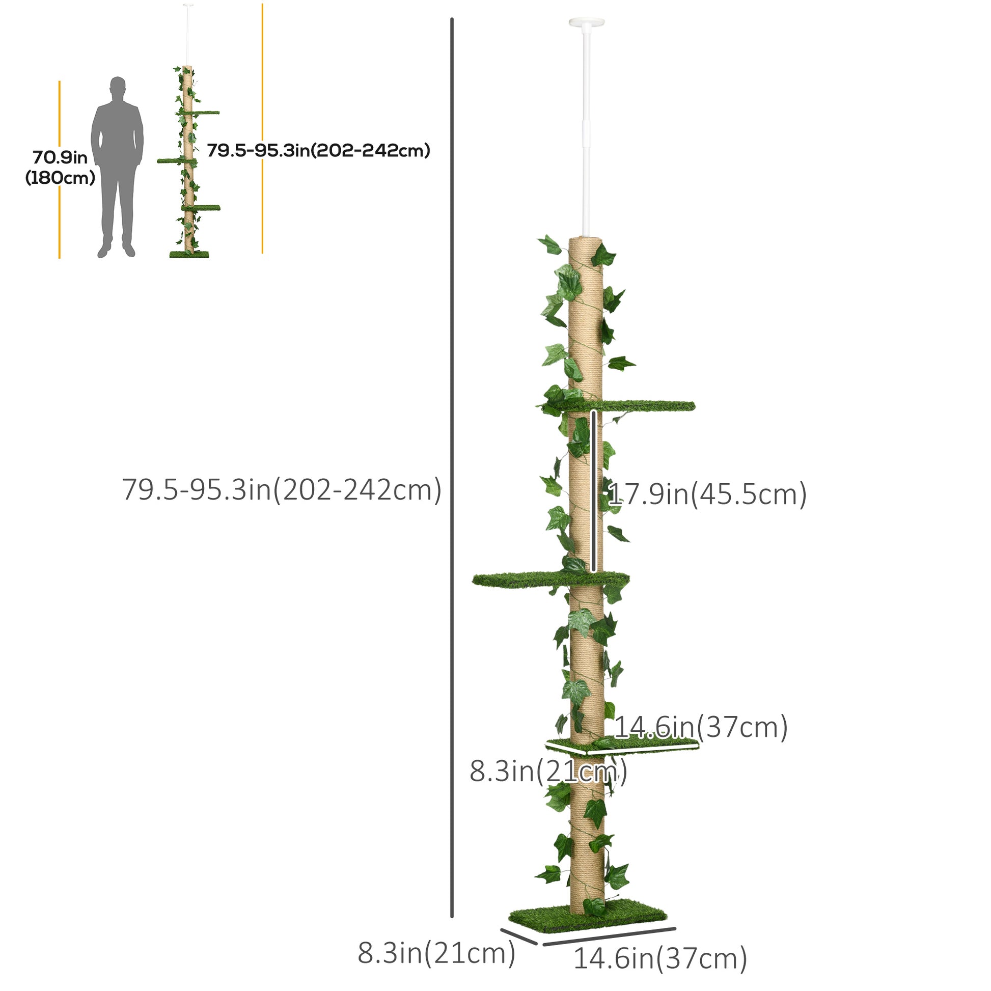 4-Tier Floor to Ceiling Cat Tree, Height(80-95Inches)Adjustable, Tall Cat Tower w/ Anti-Slip Kit, Leaves, Multi-Layer Activity Centre w/ Scratching Post