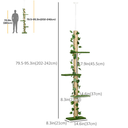 4-Tier Floor to Ceiling Cat Tree, Height(80-95Inches)Adjustable, Tall Cat Tower w/ Anti-Slip Kit, Leaves, Multi-Layer Activity Centre w/ Scratching Post