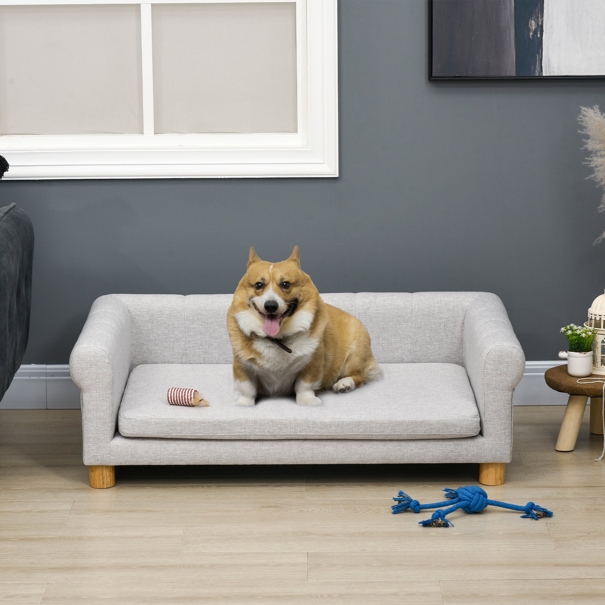 Modern Pet Sofa Cat or Medium Large Dog Bed W/ Removable Seat Cushion, Light Grey