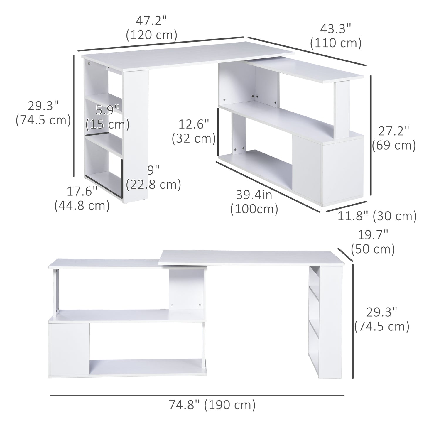 47" L Shaped Desk, 360° Rotating Corner Desk, Reversible Computer Writing Table Workstation with Storage Shelf for Home Office, White