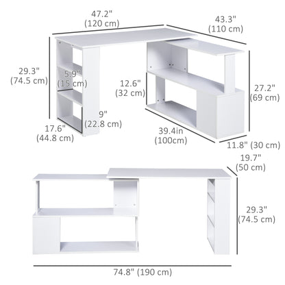 47" L Shaped Desk, 360° Rotating Corner Desk, Reversible Computer Writing Table Workstation with Storage Shelf for Home Office, White