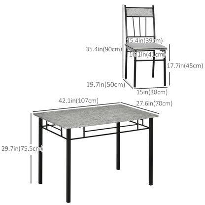 5 Pieces Diner Tables Dining Room Sets for 4 People with Marble Effect Tabletop Padded Chairs and Metal Frame Grey