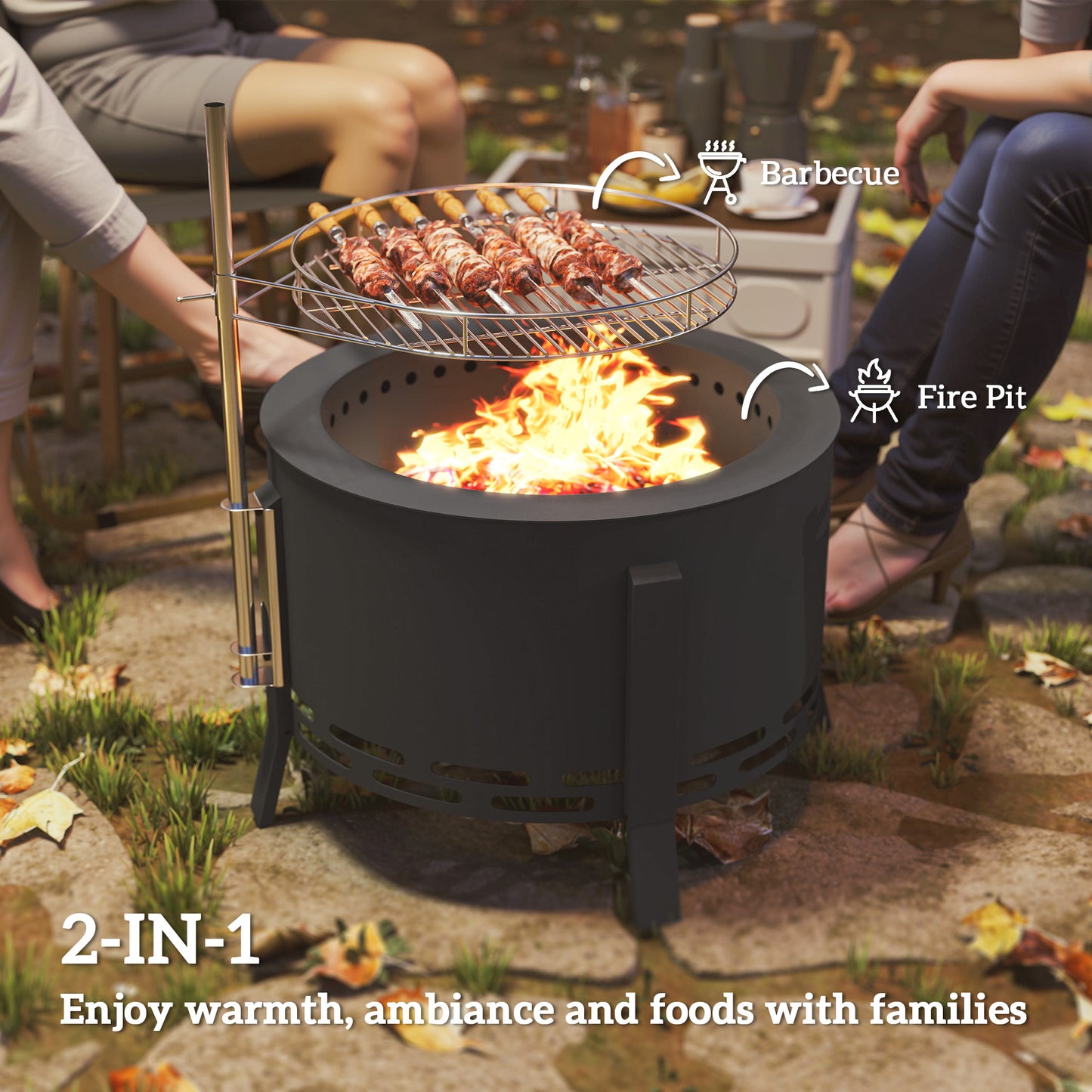 Outdoor Fire Pit, Round Firepit with Grill Grate, Fire Bowl with Ash Catcher and Poker for Backyard Camping Bonfire Picnic, Black
