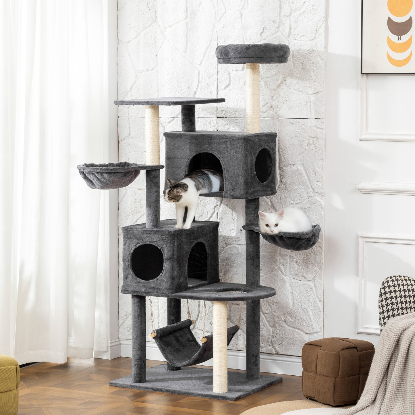 66 Inch Large Cat Tree with 2 Door Condos, 3 Big Hammocks, Plush Top Perch, Sisal Scratching Posts, Dark Grey