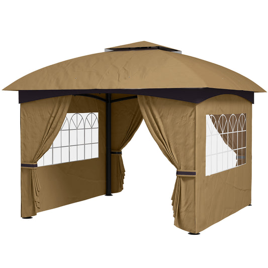 11' x 11' Outdoor Gazebo, Double Roof Patio Gazebo Canopy with Curtains, Church Windows, Galvanised Steel Frame, Beige