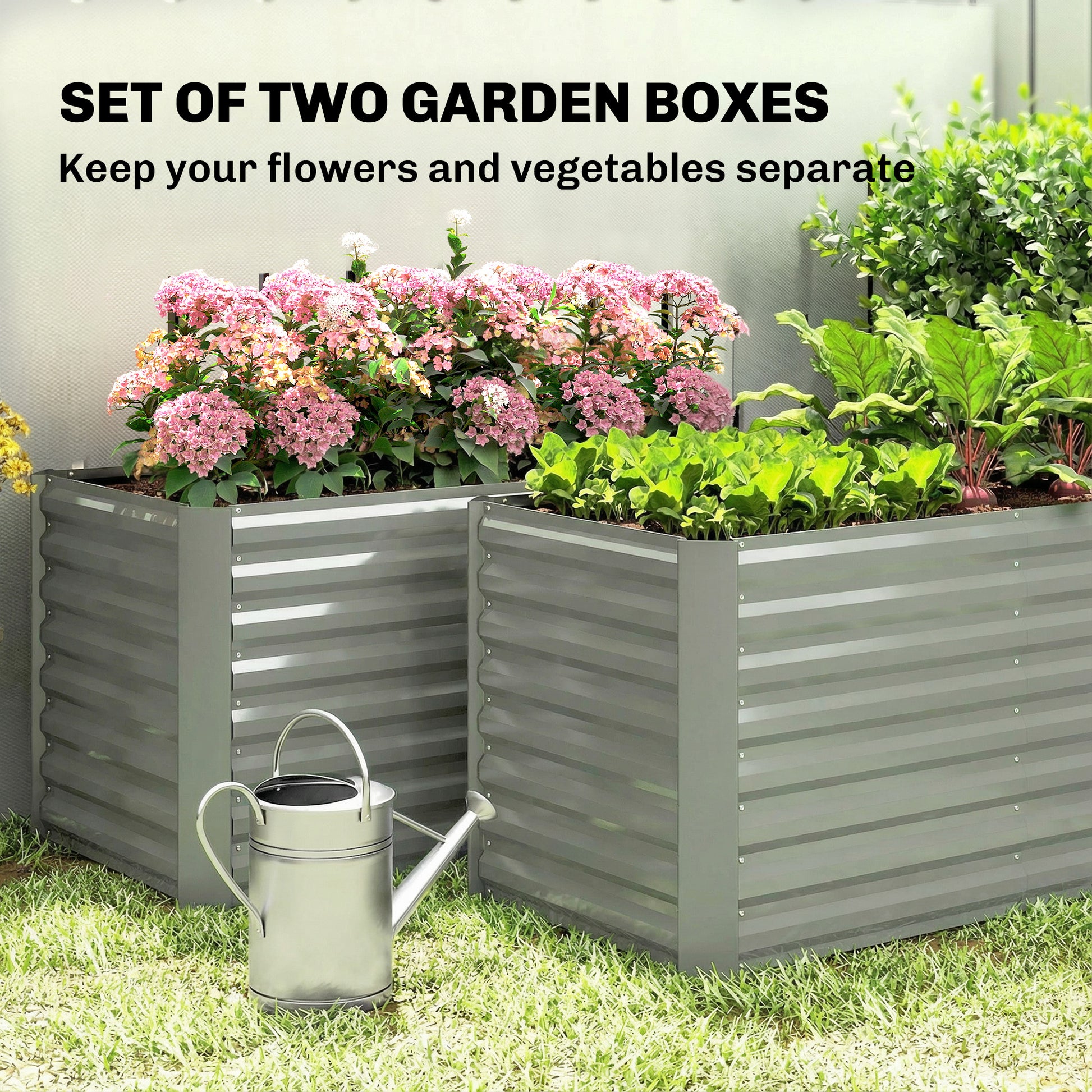 Set of 2 Galvanized Metal Planters for Outdoor Plants, 4' x 2' x 2' Raised Garden Bed, Light Grey